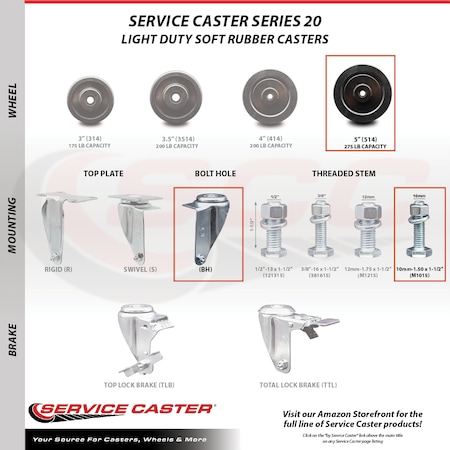 Service Caster 5 Inch Soft Rubber Wheel Swivel 10mm Stem Caster Total Lock Brake SCC, 2PK SCC-TSTTL20S514-SRS-M1015-2-S-2